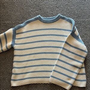 Cozy Blue and Cream Striped Crew Neck Sweater
